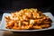 Delectable Poutine with a twist, made with crispy sweet potato fries, melty cheese curds, and spicy sriracha gravy