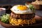 Delectable Ramen Burger with Slow-Cooked Pork and Fried Egg on a Ceramic Plate