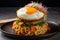 Delectable Ramen Burger with Slow-Cooked Pork and Fried Egg on a Ceramic Plate