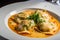 Delectable Ravioli with a Rich Lobster Sauce, Garnished with Chopped Parsley