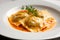 Delectable Ravioli with a Rich Lobster Sauce, Garnished with Chopped Parsley