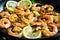 Delectable Shrimp Scampi in a Sizzling Skillet with Fresh Herbs and Lemon Wedges