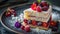 Delectable Slice of Chantilly Cake Adorned with Fresh Berries and Edible Flowers