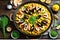 A delectable steaming paella presented from a top-view perspective showcasing a symphony of seafood