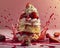 Delectable Strawberry Shortcake with Whipped Cream and Berry Sauce Splatter on Pink Background