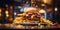 Delectable towering burger with golden fries on a table. mouthwatering fast food feast. indulge in a gourmet experience