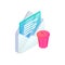 Delete email isometric icon. 3d open message with trash icon isolated. Mobile Email bin sign. Social network, sms chat, spam, mail