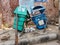 Delhi, India - 28 September 2020 - Broken and damaged trash bin made of plastic box and placed on steel pillars representing Clean