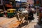 Delhi, India - August 18, 2009: cow pulls a cart along a very poor street of delhi