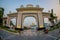 DELHI, INDIA - SEPTEMBER 19, 2017: Big white gate to the enter of Gurudwara Bangla Sahib Sikh Temple, located in New