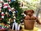 Deli cafe in Shell fuel station decorate with gift and bear on Christmas tree in Lopburi , Thailand