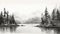 Delicate Black And White Sketch: Pine Trees Along Water