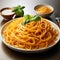 Delicate Brushwork And Precise Curves: A Captivating Plate Of Spaghetti And Basil