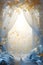 Delicate curtains and white confetti butterflies falling from the top of the gold. New Year\\\'s party and celebra