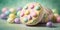 Delicate detailed Easter egg candy. Spring pastel desserts. Sugar cookies and cakes. Delicious meringue sweets. Colorful macaroon.