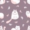 Delicate doodle seamless pattern with fat white cats. Perfect for T-shirt, textile and print. Hand drawn vector illustration