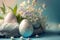 A delicate Easter composition with eggs and spring flowers on a blue background. Created with Generative AI