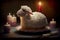 delicate easter lamb cake with red ears, candles and decorations