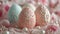 Delicate egg patterns, lace, and pearls create an Easter card sophistication