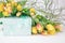 Delicate elegant gift box and a lot of yellow tulips on a white background