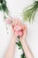 Delicate female hands hold a pink eustoma flower. White background with plants. Flat lay. The concept of beauty and naturalness