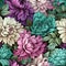 Delicate floral pattern with dahlias and hydrangeas in dark magenta and light emerald (tiled)