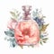 Delicate Flower Adorned Perfume Bottle: Watercolor Portraits Illustration Clipart, Generative AI