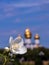 A delicate flower of Philadelphusagainst the background of the sights of Yaroslavl. Assumption Cathedral; stele of the Millennium