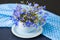 Delicate flowers in a ceramic cup. Fresh bluebells in a teacup with polka dot fabric