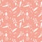 Delicate hand drawn cream leaves with ornamental swirls. Seamless vector pattern on salmon pink background. Great for