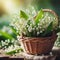 Delicate lily of the valley in a wicker basket on a blurred spring background.