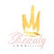 Delicate logo original design for cosmetics shop or boutique with abstract golden crown. Label with gentle colors.