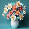 Delicate Paper Art: Sculpted Daffodil Arrangement In Teal And Pink