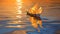 a delicate paper boat in golden sunset in ocean