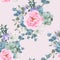 Delicate pattern of dog roses flowers. Roses, herbs and succulent. Design for cloth, wallpaper, gift wrapping