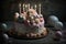 delicate pink bunt birthday cake with burning candles and decorations