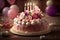 delicate pink bunt birthday cake with burning candles and decorations