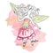 Delicate pink girly watercolor illustration of a fairy in a bellflower dress and green wings-leaves on the background of a