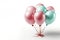 Delicate pink and tranquil teal balloons gracefully grouped, tethered with intricate red ribbons against a pristine white