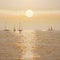 Delicate Pointillism Seascape: Four Sail Boats In Golden Sunset