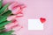 Delicate postcard flowers tulips with a note on a pink background mock up