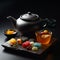 Delicate and refreshing Ayataka tea in a teapot with sweet treats on table