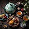 Delicate and refreshing Ayataka tea in a teapot with sweet treats on table