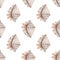 Delicate regular seamless pattern with realistic watercolor sea conchs on pastel background.