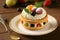 delicate round napoleon cake appetizers with layer of cream and fruits
