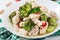 Delicate saute chicken with broccoli and chili peppers