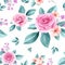 Delicate seamless pattern of blush and soft blue watercolor flowers arrangements on white background for fashion, print, textile,