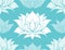 Delicate seamless pattern with white silhouettes of lotuses. Water lilies on turquoise. Wallpaper for spa salons and yoga centers