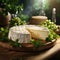 Delicate and soft Brie cheese made from cow\\\'s milk on a wooden board. Generative AI