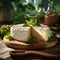 Delicate and soft Brie cheese made from cow\\\'s milk on a wooden board. Generative AI